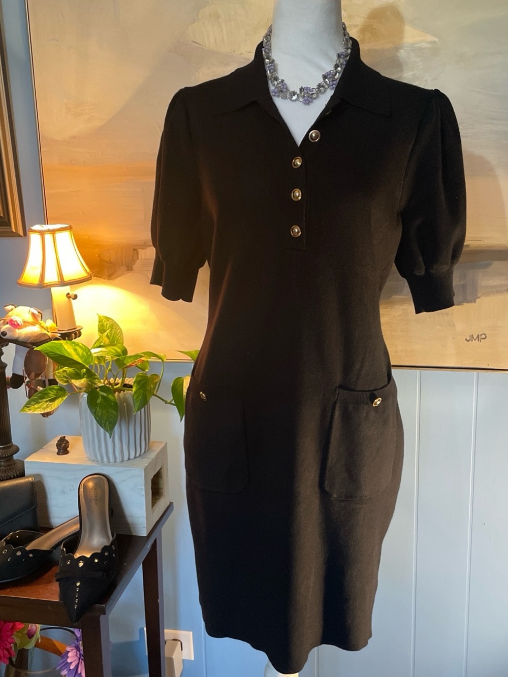 entro vintage 90s.Black Polo Knit Midi Dress with Gold Buttons and Patch Pockets